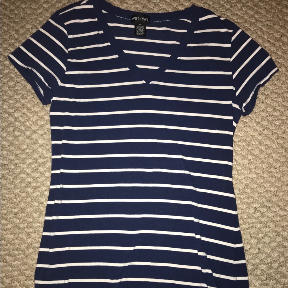 Wet Seal Navy Blue Striped V Neck Tee
